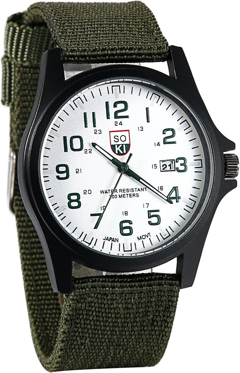 Militaire Herenhorloge Groen Wijzerplaat Nylon Band Kwarts Kalender Lichtgevend