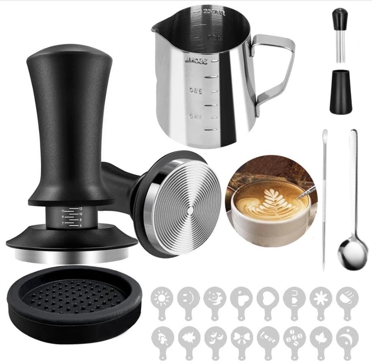 Unyqoos® Complete set voor koffie-enthousiastelingen met tamper, mat en decoraties, 51 mm, Roestvrij staal, Zwart