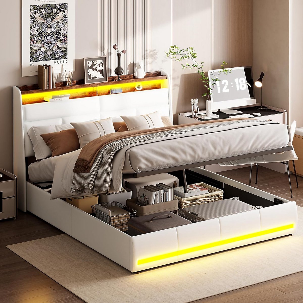 Tweepersoons gestoffeerd bed met opbergruimte en LED verlichting 140x200 cm