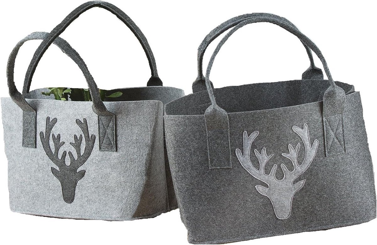 Filt shopper tas met glitter hertenkop, grijs