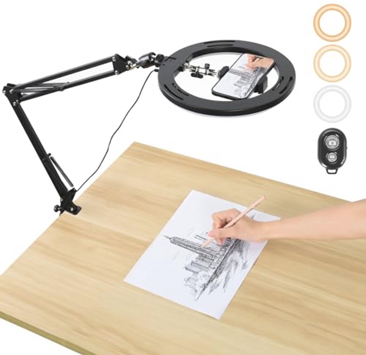 10 Inch Ringlamp met Statief en Afstandsbediening - 360° Draaibare Tafelringlamp voor Livestreams en Fotografie