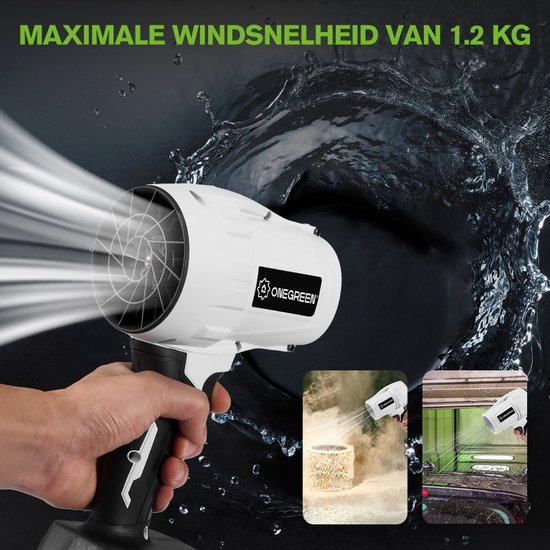 ONEGREEN Accu Bladblazer - 160 m/s Accuventilator - met 2 x Accu's - blaaskracht 1,2 kg - Borstelloze Motor - Draagbare Turbo Geblazen Lucht - voor camping, tuin, gazononderhoud en werkplaats van OneGreen — afbeelding 4