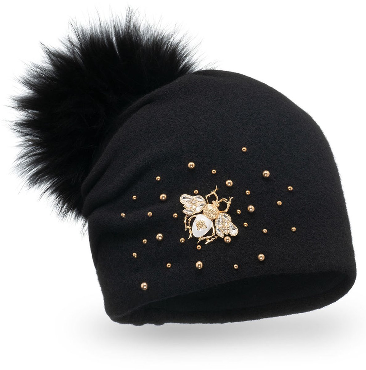 Vivisence Dames Wintermuts - Wol Met Fleece Voering En Afneembare Pompon - Warm En Comfortabel In Koude Dagen Met Elegante Handgemaakte Versiering Met Kralen En Subtiel Insectmotief - Zwart