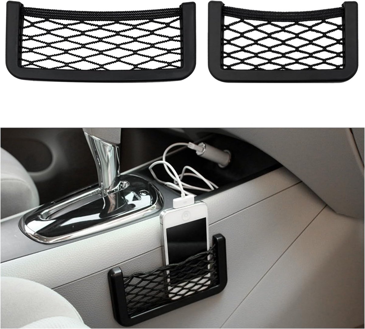 Image of 2 stuks opbergnet voor autotelefoons, universeel opbergnet voor aan de zijkant van de stoel (klevend type), opbergnet voor in het autoframe, organizertas voor in het auto-interieur voor telefoons en portemonnees