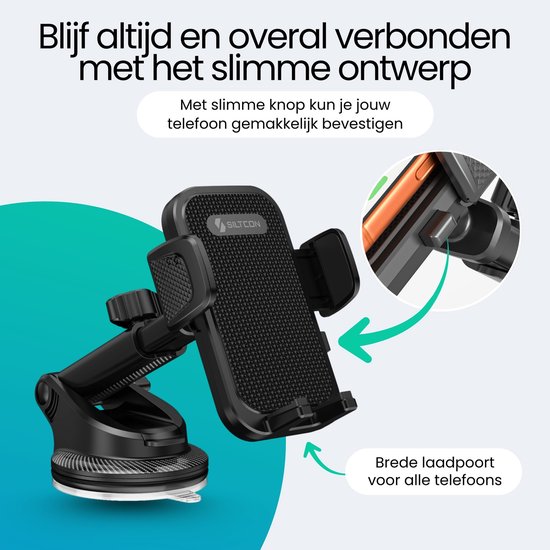 Siltcon® Telefoonhouder Auto - Extra Sterkte Zuignap voor Dashboard en Raam - Telefoonhouders Auto - GSM Houder Auto - Universeel voor alle Telefoons - Verstelbaar - Zwart