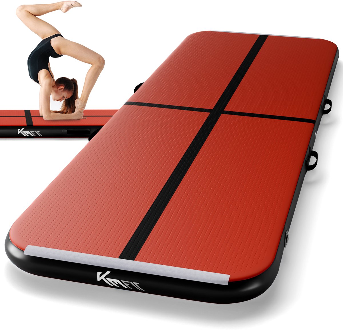 KM-Fit Airtrack - Turnmat - 4 m - Gymnastiekmat Opvouwbaar - Incl. elektrische pomp & patch kit - Rood
