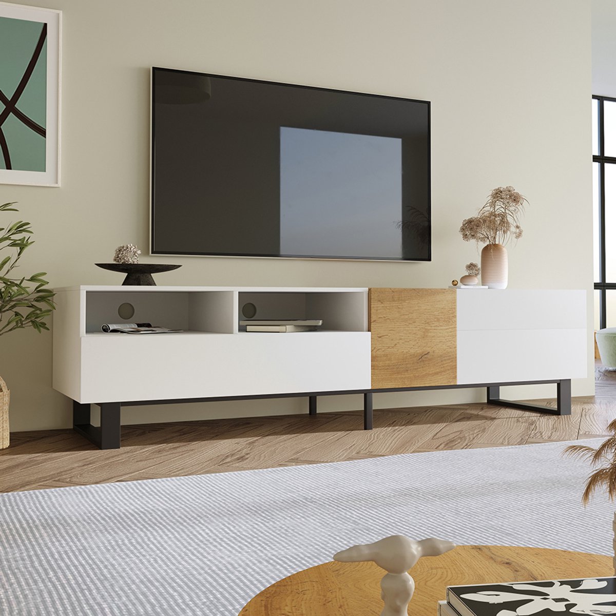 KOMHTOM BLACKCOLORS - TV-meubel - Modern Design - Wit en Houtlook - Minimalistisch - 180x50x38 cm Wit, hout
