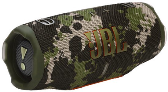 Camo draadloze speaker van JBL met oranje logo.
