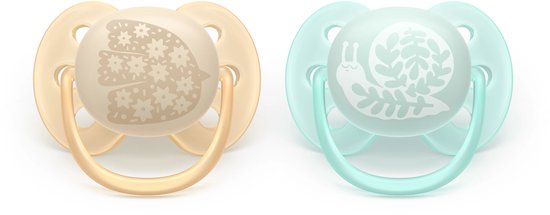 Twee Philips Avent ultra zachte fopspenen, één beige met bloemetjes, één mintgroen met slak.