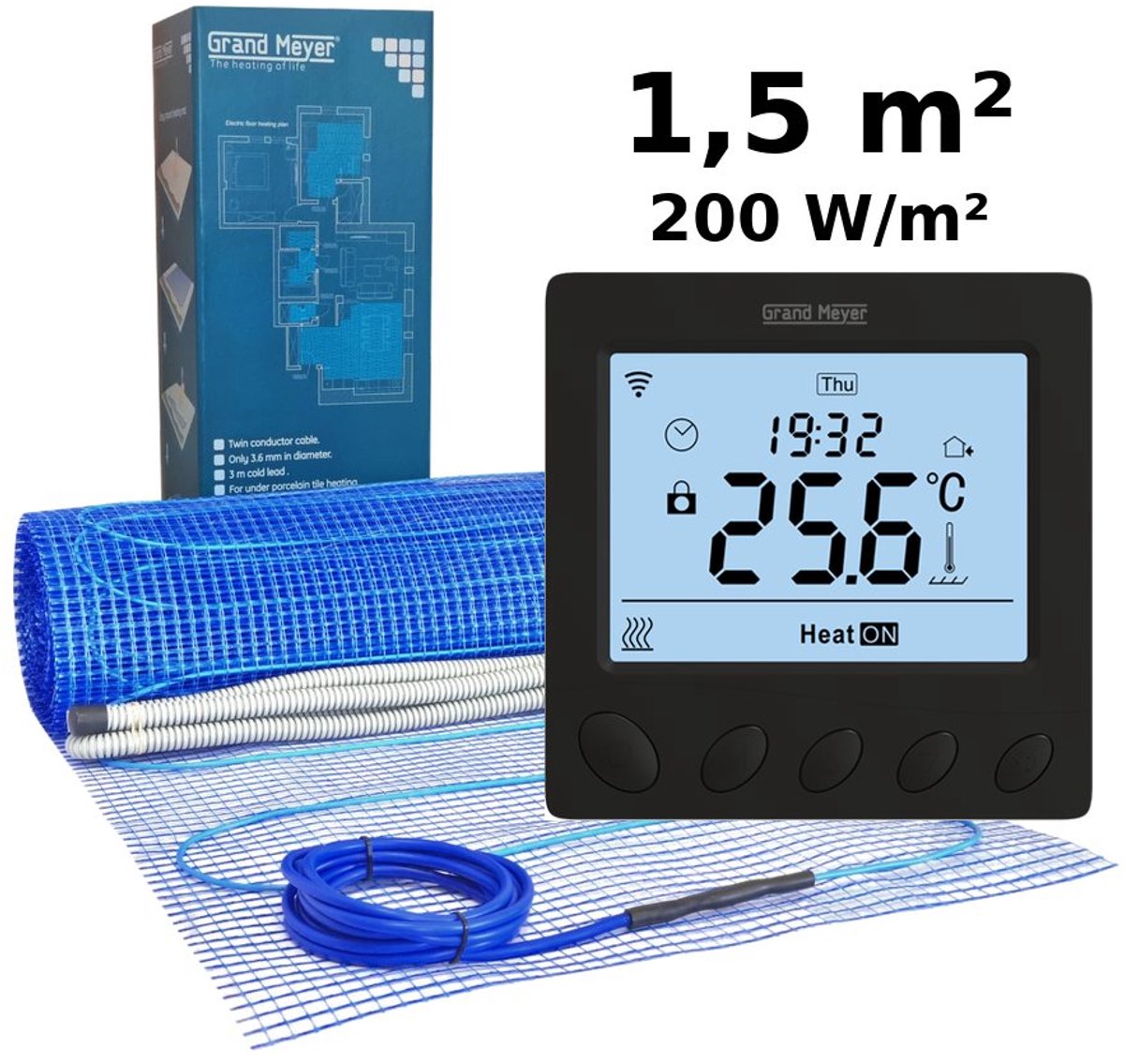 Elektrische vloerverwarmingsset 1,5 m², 200 W/m² + W390 Wi-Fi programmeerbare thermostaat