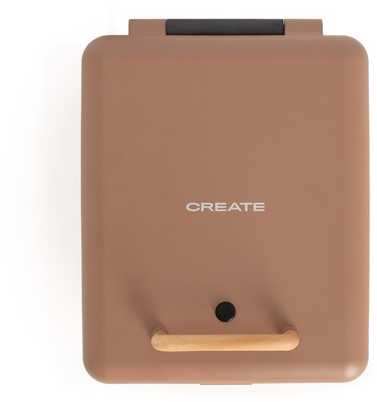 Bruin toastapparaat met houten handvat en 'CREATE' logo.