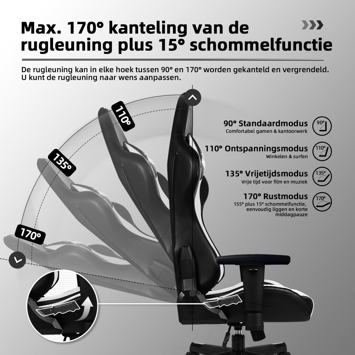 Hiaonyx Gamestoel 170° Verstelbaar Wit 150kg Belastbaarheid - afbeelding 2