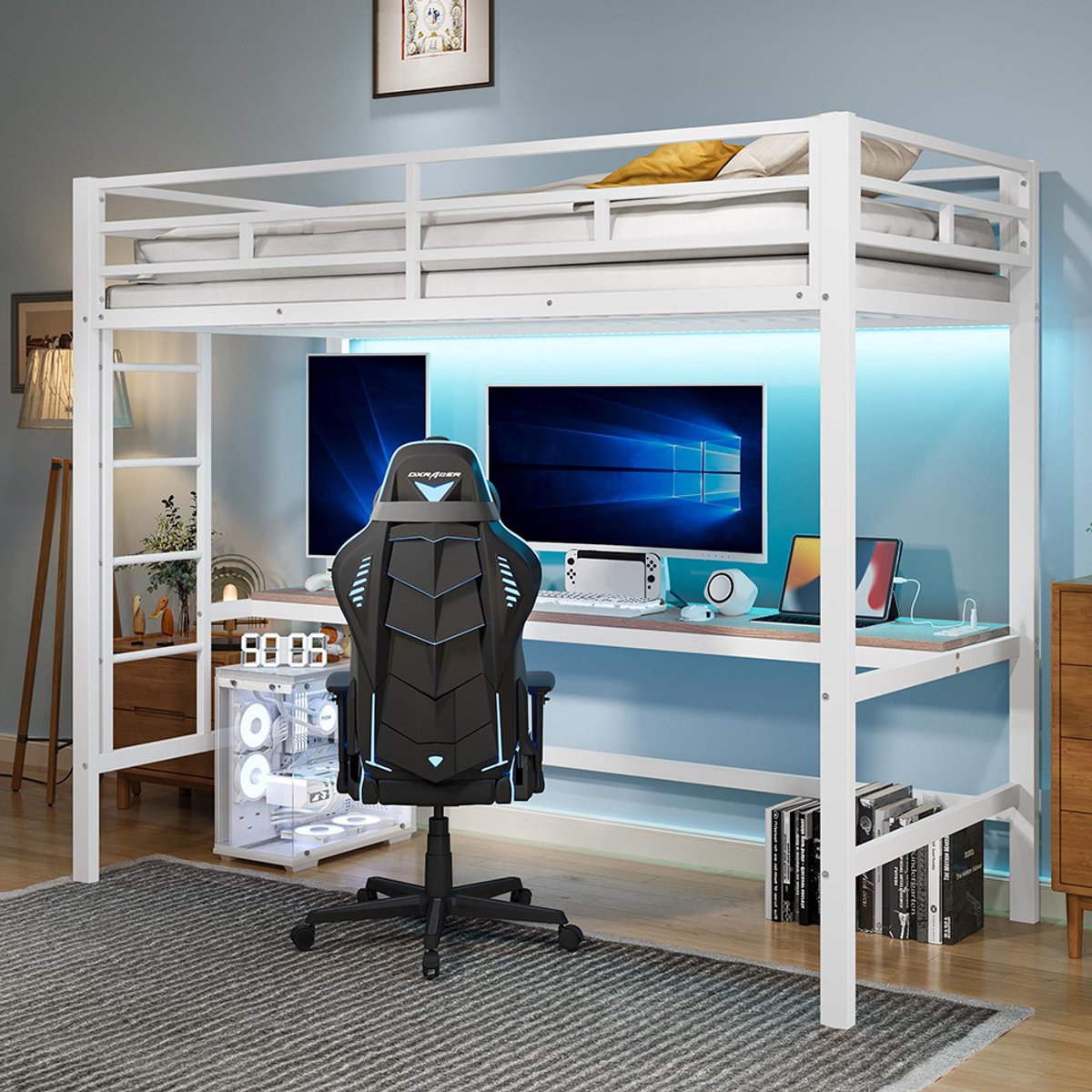 KOMHTOM BLACKCOLORS - Hoogslaper - 90x200 cm - Met Leuning en Opstapje - Bureau met USB en Stopcontact - App-compatibele LED-verlichting - Voldoet aan EN747 - Zonder Matras - Metaal - Wit