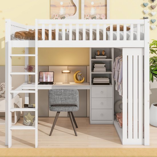 Lit mezzanine Merax 140x200 cm - avec bureau - armoire - 3 tiroirs - escalier - lit en bois avec espace de rangement - lit enfant avec bureau - Wit - sans Matras