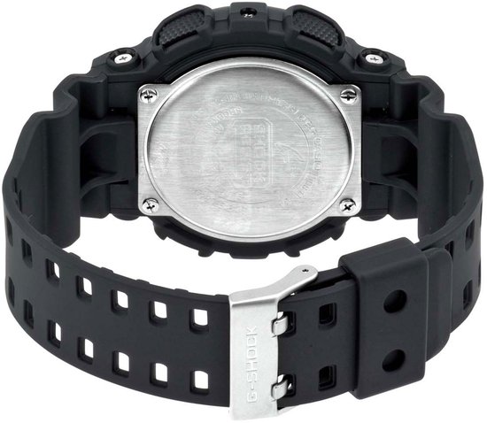 Zwarte G-Shock horloge met zilverkleurige gesp, gezien vanaf de achterkant.