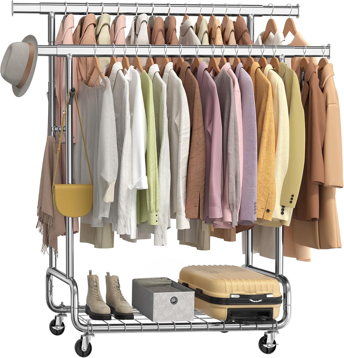 FurnStar – Heavy-Duty Kledingrek op Wielen – Dubbele Kledingstang – Verstelbare Hoogte – Met Plank en Haken– 52,5 x (107–149,8) x (144,2–164,2) cm – Draagvermogen 270 kg – Zilver