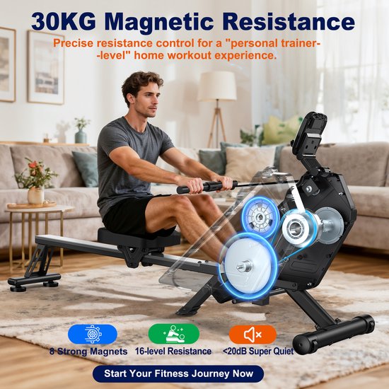 Man gebruikt roeimachine met 30kg magnetische weerstand. Toont 8 sterke magneten, 16 weerstandsniveaus en <20DB geluid.