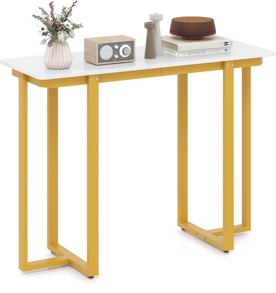 COSTWAY Consoletafel Goud, Ingangstafel Marmerlook Met Wit Tafelblad Smalle Haltafel Metalen Poten Voor Woonkamer Entree Hal 1011593132