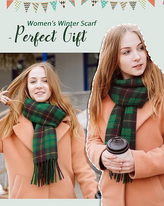 Twee vrouwen met groene en bruine ruitjessjaal, winterse sjaal, perfect cadeau.