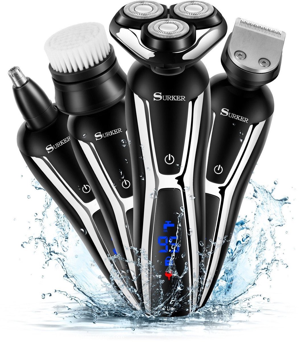 Hatteker 4-in-1 Elektrisch Scheerapparaat voor Mannen – Baardtrimmer, Neustrimmer & Gezichtsborstel - LED Display – Zwart