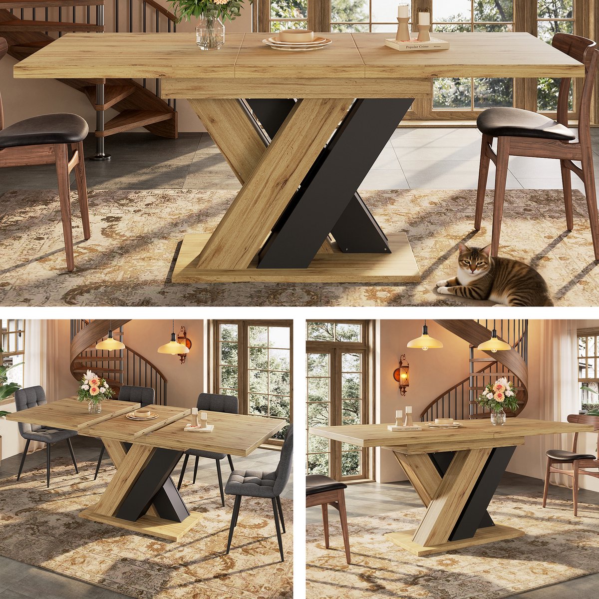 Merax Uitschuifbare eettafel 119-158,5x80 cm - keukentafel - geschikt voor keuken en woonkamer - houten tafelblad - X-vormige tafelpoten Houtkleur