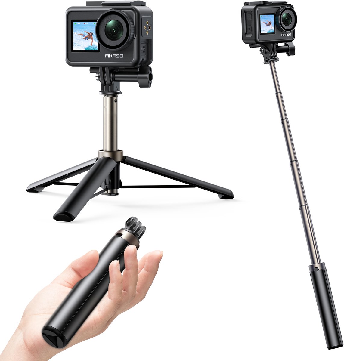 AKASO – 60 cm Selfiestick & Statief voor Action Camera – Uitschuifbaar 17,5–60 cm – Compatibel met GoPro & DJI