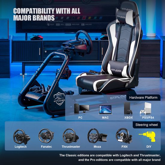 Racestoel, Simulator Cockpit, SIM Racing Cockpit, racesimulator stuurwielstandaard met luidsprekers, stuurwiel en pedaalsteun, Wit van Vevor — afbeelding 3