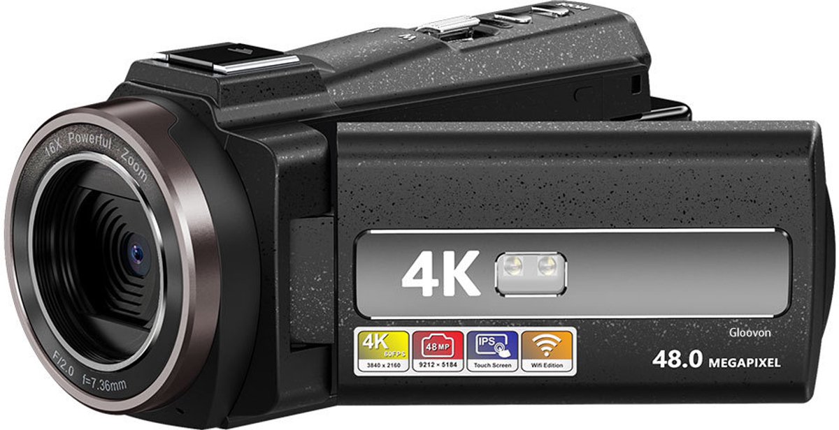 Gloovon® - Handycam Camcorder - 4K Ultra HD - 48MP - Fotocamera - Digitale Camera - WIFI - Compact Camera - Videocamera - Ideaal voor Beginners - Inclusief 32GB SD-kaart - Zwart