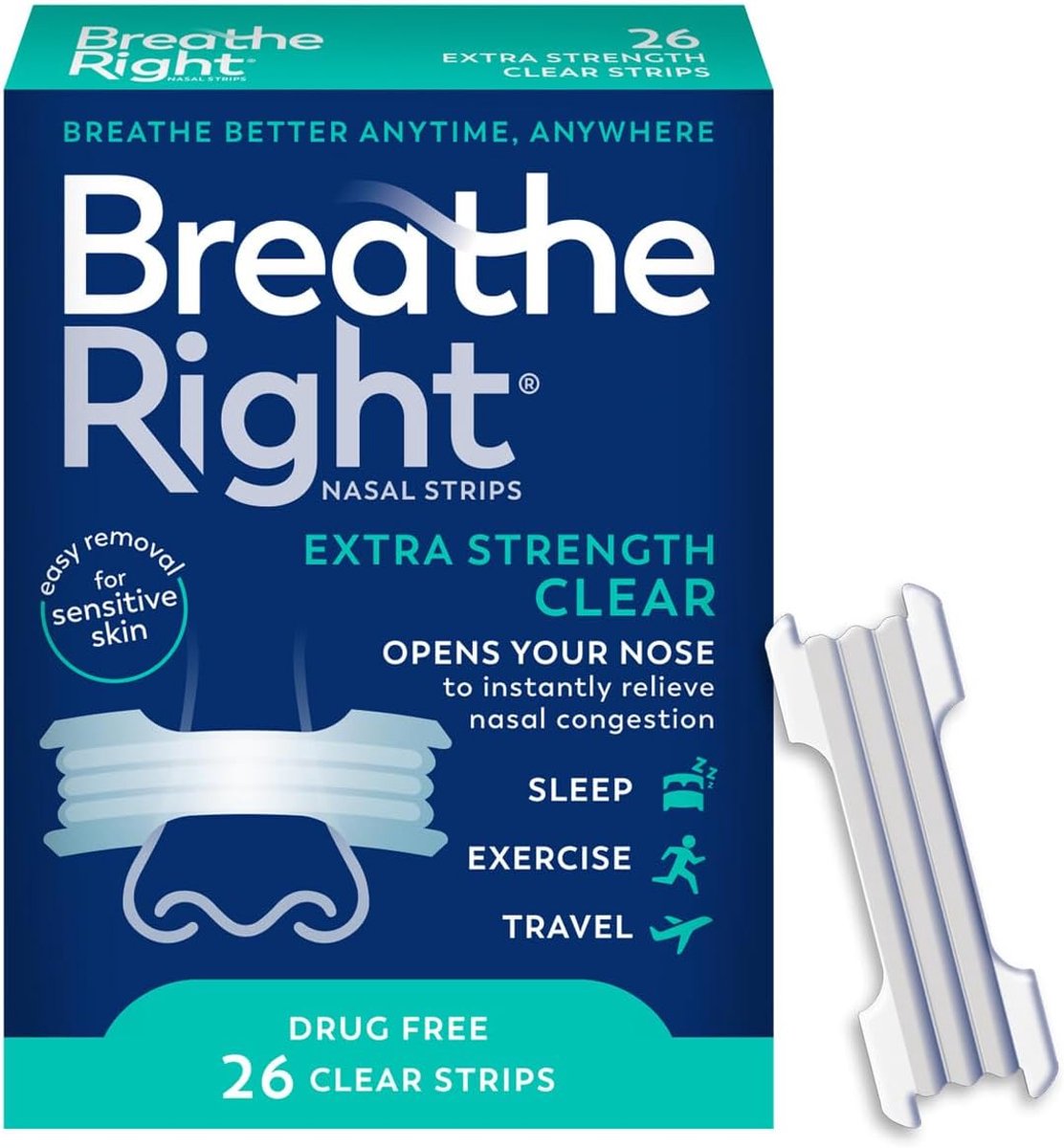 Breathe Right Extra Sterke Clear Neusstrips – Anti-Snurken & Betere Ademhaling – Voor Gevoelige Huid – 26 Stuks