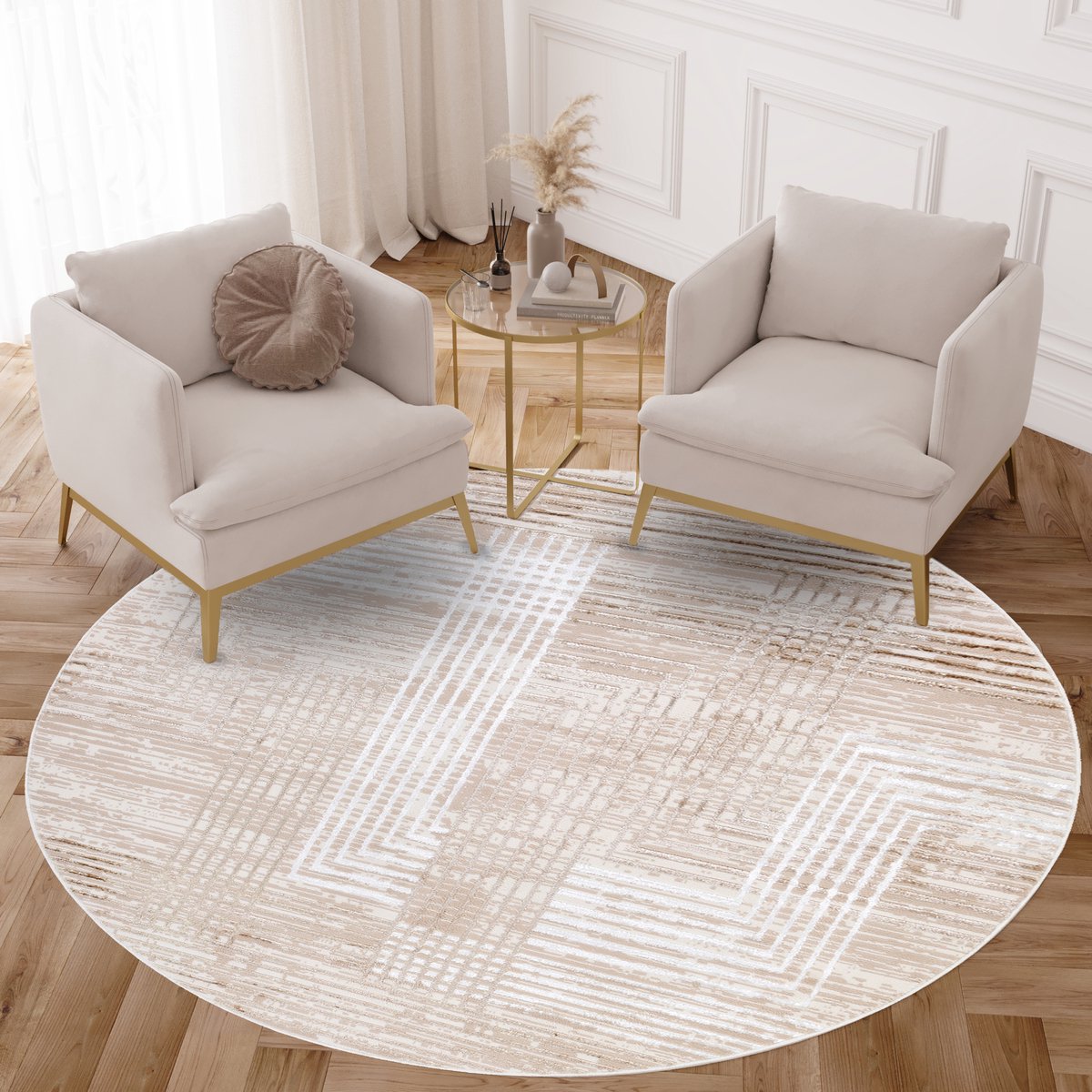 Tapiso Crystal Rond Vloerkleed Beige Wit Lijnen Laagpolig Woonkamer Tapijt Maat- 160x160