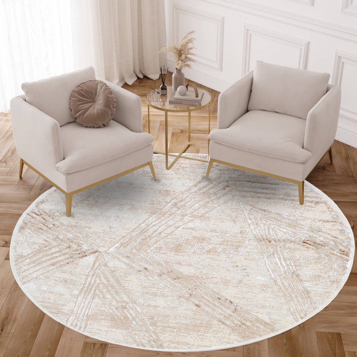 Tapiso Crystal Rond Vloerkleed Creme Beige Laagpolig Modern Woonkamer Tapijt Maat- 80x80