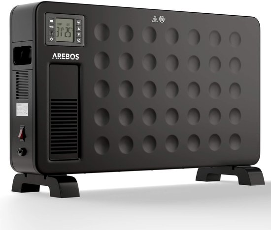 Zwarte AREBOS convector met een digitaal display en een cirkelvormig patroon.