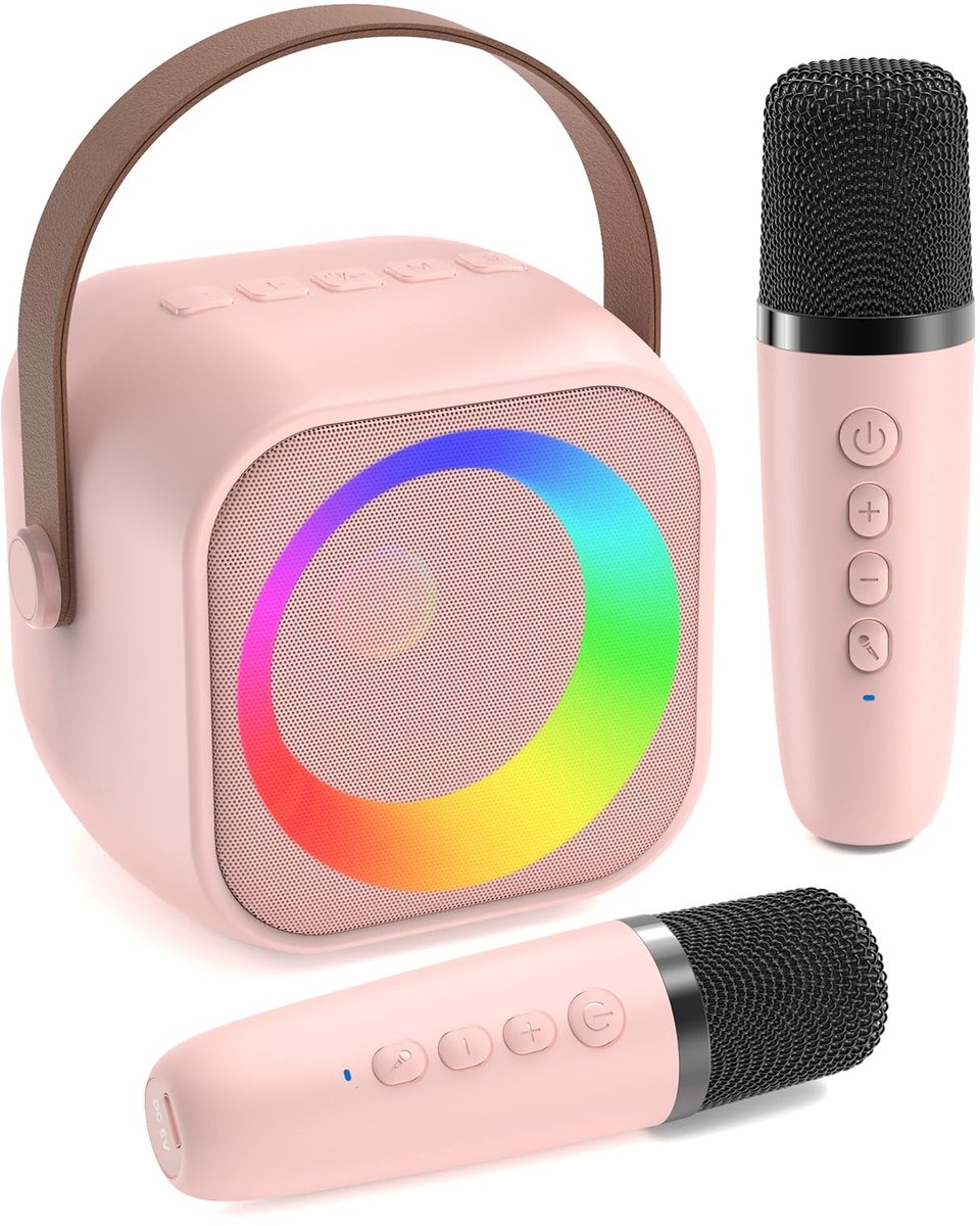 Ynkkvre - Draagbare Karaoke-Machine - Draadloze Microfoons - Bluetooth 5.0 En LED-Disco Lichtshow - 2 Stuks - Voor Kinderen En Families In roze