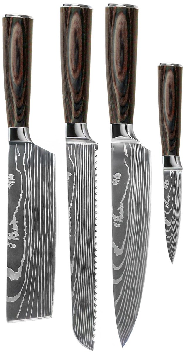Shinrai Knives - Damascus Print 4-delige Messenset - Koksmes + Broodmes + Nakiri + Schilmes - Koksmes - Vleesmes - Hakmes - Broodmes