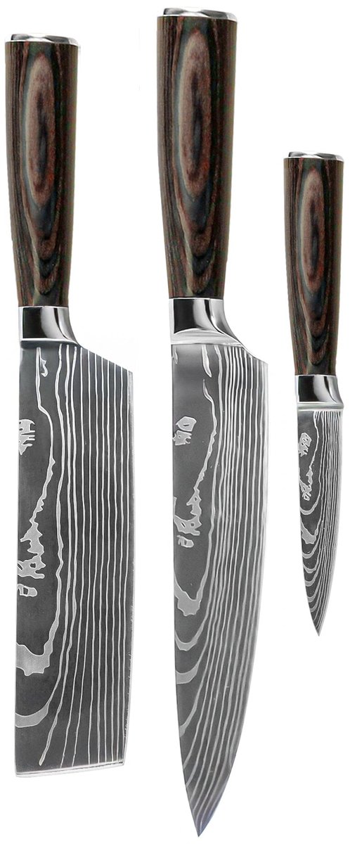 Shinrai Knives - Damascus Print 3-delige Messenset - Koksmes + Nakiri + Schilmes - Koksmes - Vleesmes - Hakmes - Broodmes