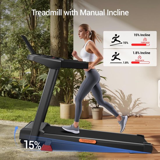 Treadmill Loopband voor Thuis, Inklapbaar met 15% Helling, 12 km/u, 3,0