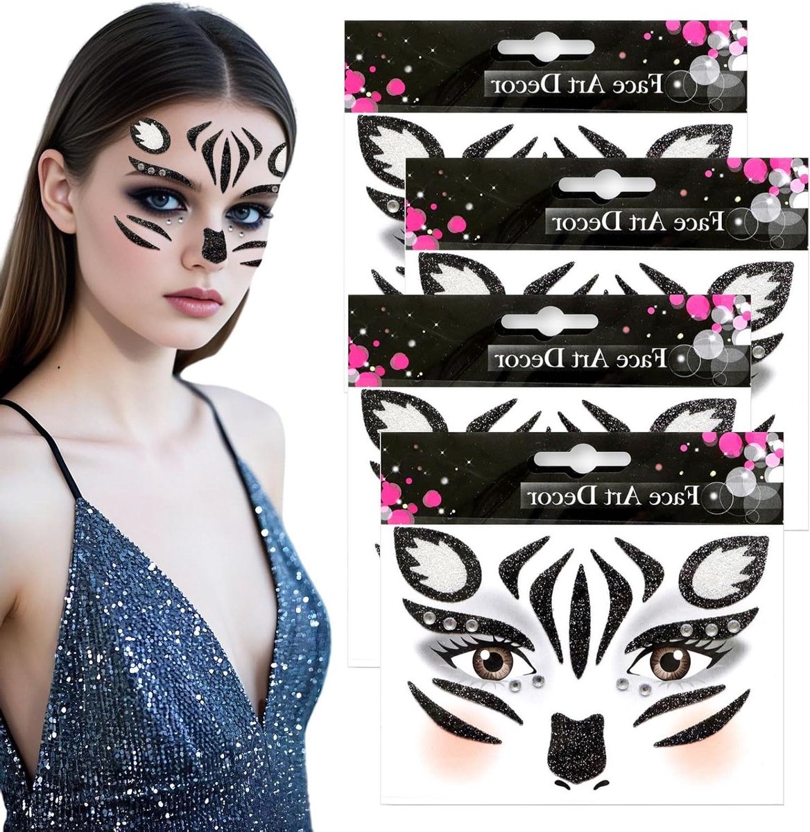 Ronte - Dierengezichtstickers, waterdichte tijdelijke tatoeages voor kinderen en volwassenen - Zebra-gezichtskunst voor verjaardagsfeest / podium - Set van 4.