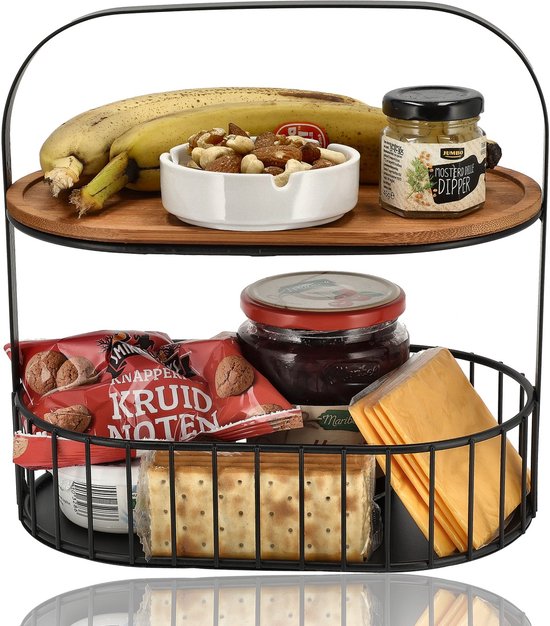 Zwarte 2-laags fruitschaal gevuld met bananen, noten, jam, crackers en kaas.