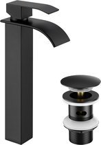 Robinet de lavabo CECIPA Max - Bec haut - Robinet cascade - Avec vidange Push-Open - Robinet de salle de bain - Eau chaude et froide - Économe en eau - Noir