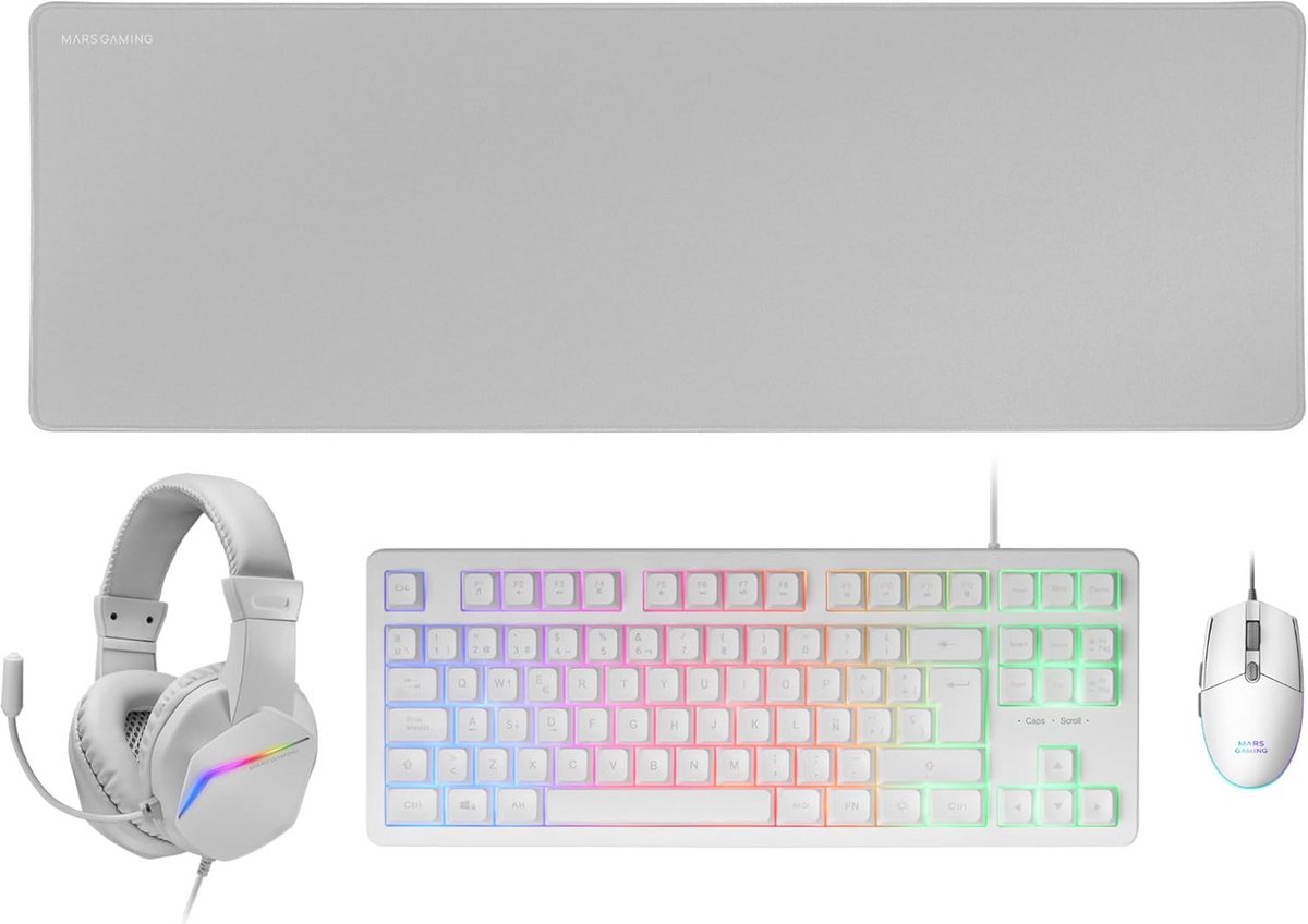 Gaming Toetsenbord en Muis Set Wit met XXL Muismat en Over-Ear Headset (QWERTY, Azerty, QWERTZ, Portugese Taal)