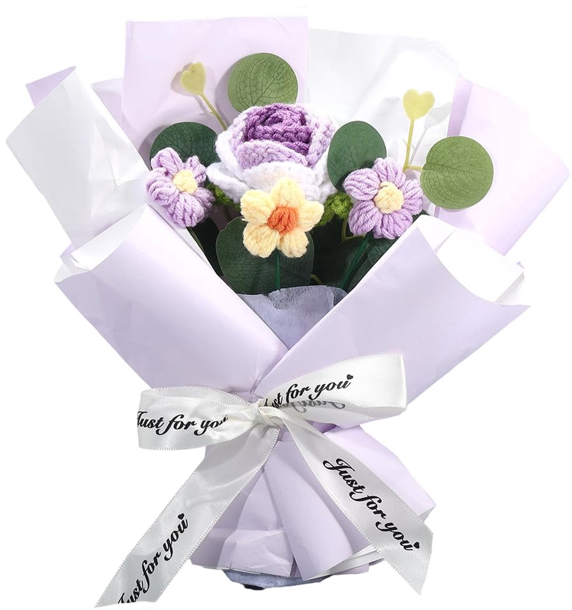 1 Doos Gehaakte Bloemen Boeket Blauw Gebreid Boeket Kunstbloemen met Prachtige Deken Faux Rose Bloem Groen Blad Decor voor Verjaardag Verjaardag Home Decor Bruiloft Afstuderen Vrouwen