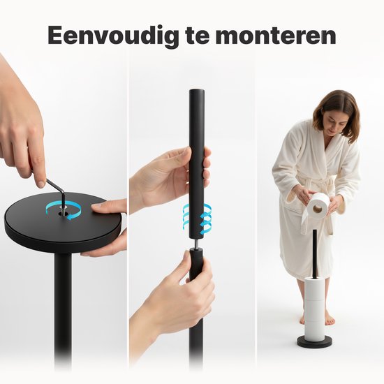 Drie stappen om de zwarte toiletrolhouder te monteren.