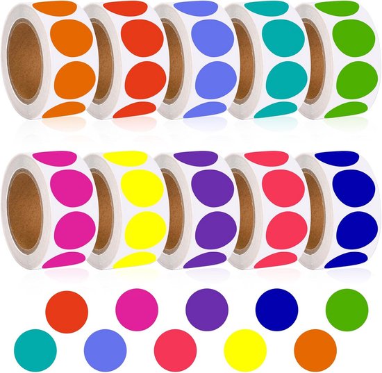10 rollen x 1000 stuks ronde stickers, 13 mm, zelfklevende etiketten, rond, markeringspunten, plakpunten, wit, puntstickers voor doe-het-zelf kalende
