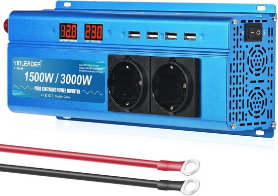 Converter 12V naar 230V, 1500W-3000W, Zuivere Sinus met 2 Stopcontacten en 4 USB-poorten