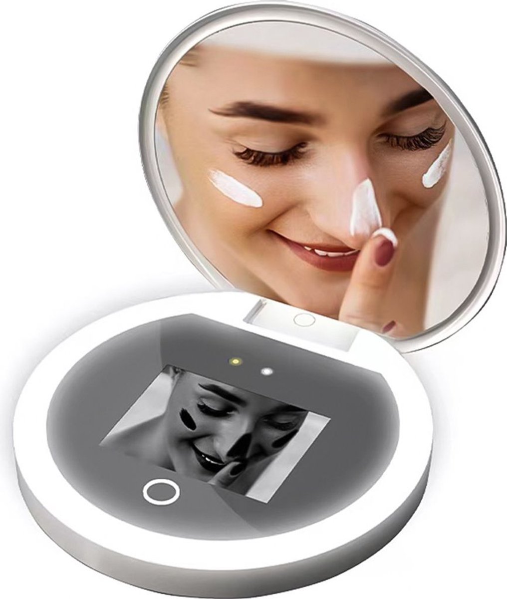 Deze UV-beschermende zonnebril is voorzien van een UV-camera voor het testen van de zonbescherming. Daarnaast beschikt de bril over een LED-invullicht met drie standen en kan hij ook gebruikt worden als reisspiegel of handspiegel voor make-up.