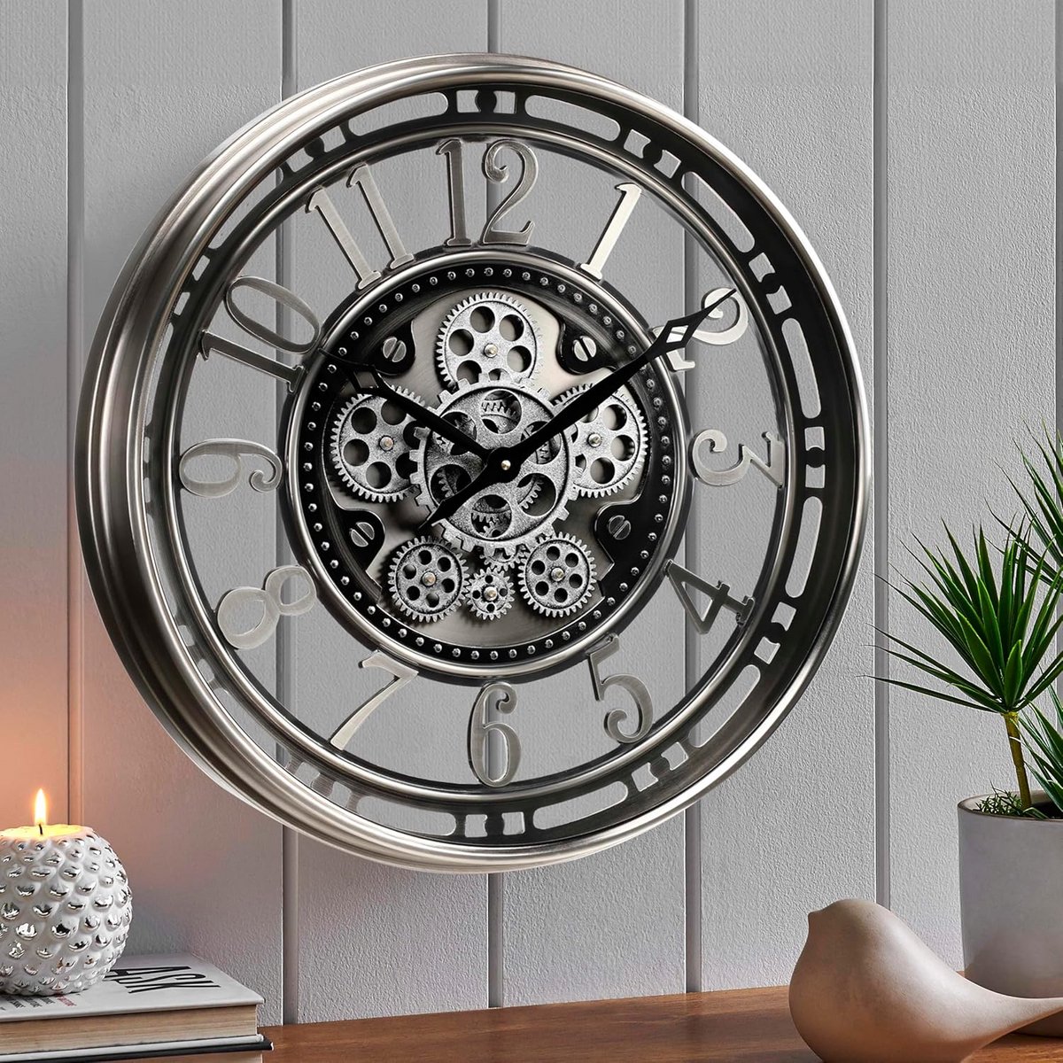 CLXEAST Large wall clock with real moving gears, Gunmetal silver, Arabic numerals (53.5cm)