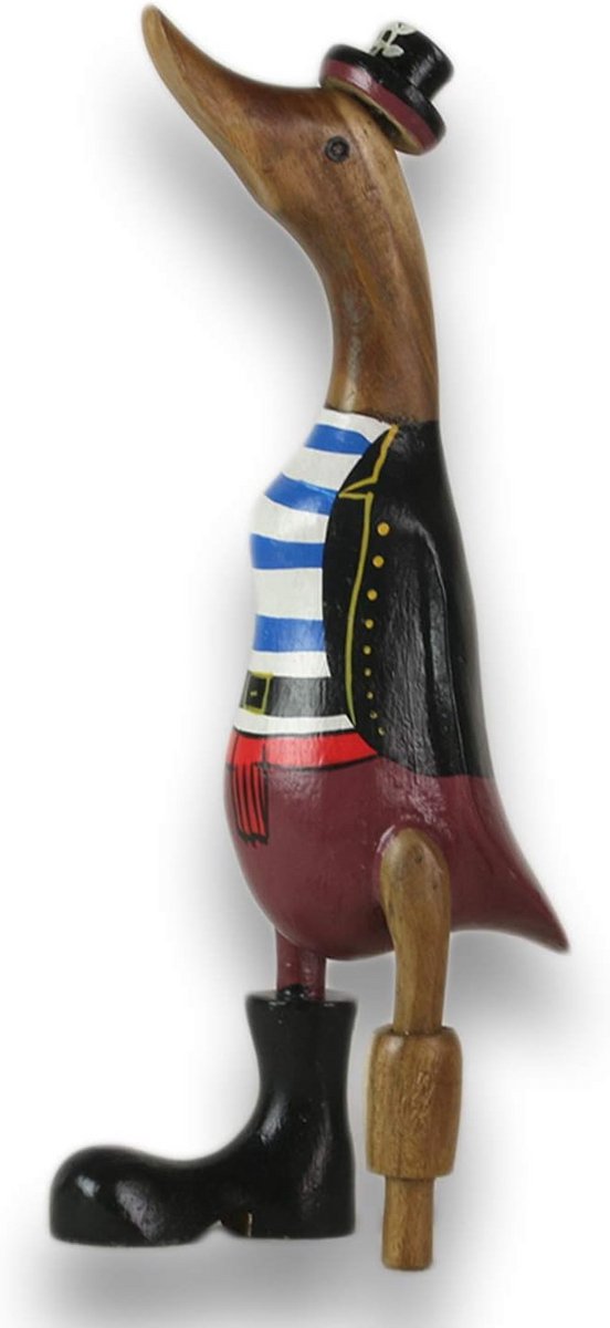 Houten Eend Tuindecoratie Figuur van Bamboe en Teakhout - Handgeschilderd 25 cm Hoog