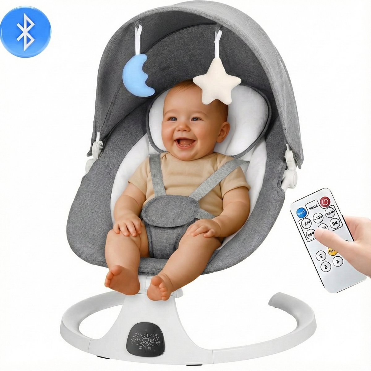 Laavir® Baby Swing – Elektrische Babyschommel – Automatische Wipstoel met Bluetooth & Afstandsbediening – Schommelstoel met 5 Snelheden – 5-Puntsgordel – Wasbare Hoes – Tot 9 kg – Grijs — afbeelding 4