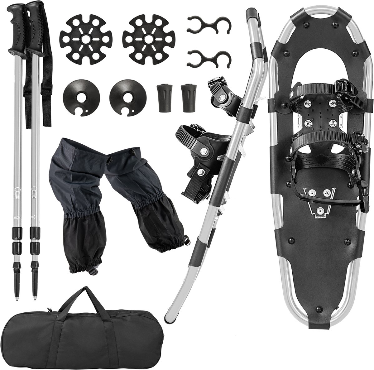 COSTWAY 4-in-1 sneeuwschoenenset schoenmaat 38-45 sneeuwschoenen met dubbel ratelbindsysteem aluminium frame trekkingstokken en draagtas beenkappen voor heren en dames Zilver