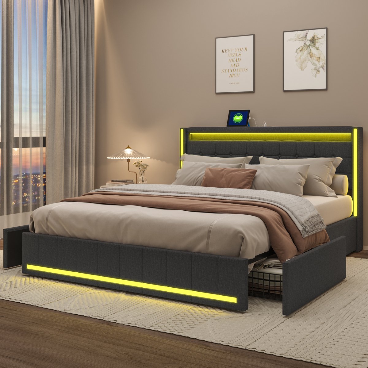 Opbergbed 140x190 cm – Tweepersoonsbed met 4 metalen lades – Donkergrijs linnen – Met LED-verlichting & USB-aansluiting